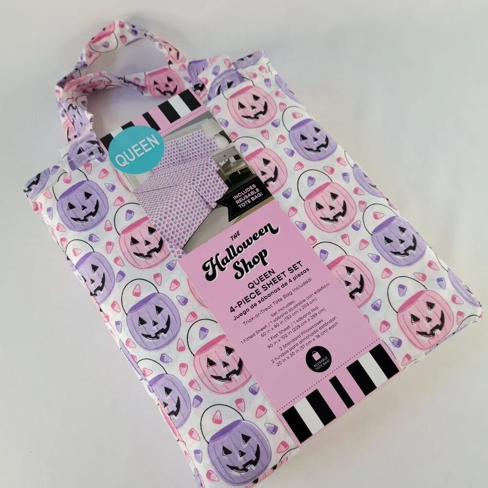 Halloween Pink Purple White QUEEN 4pc Sheets Set Trick Treat Buckets Candy Corn